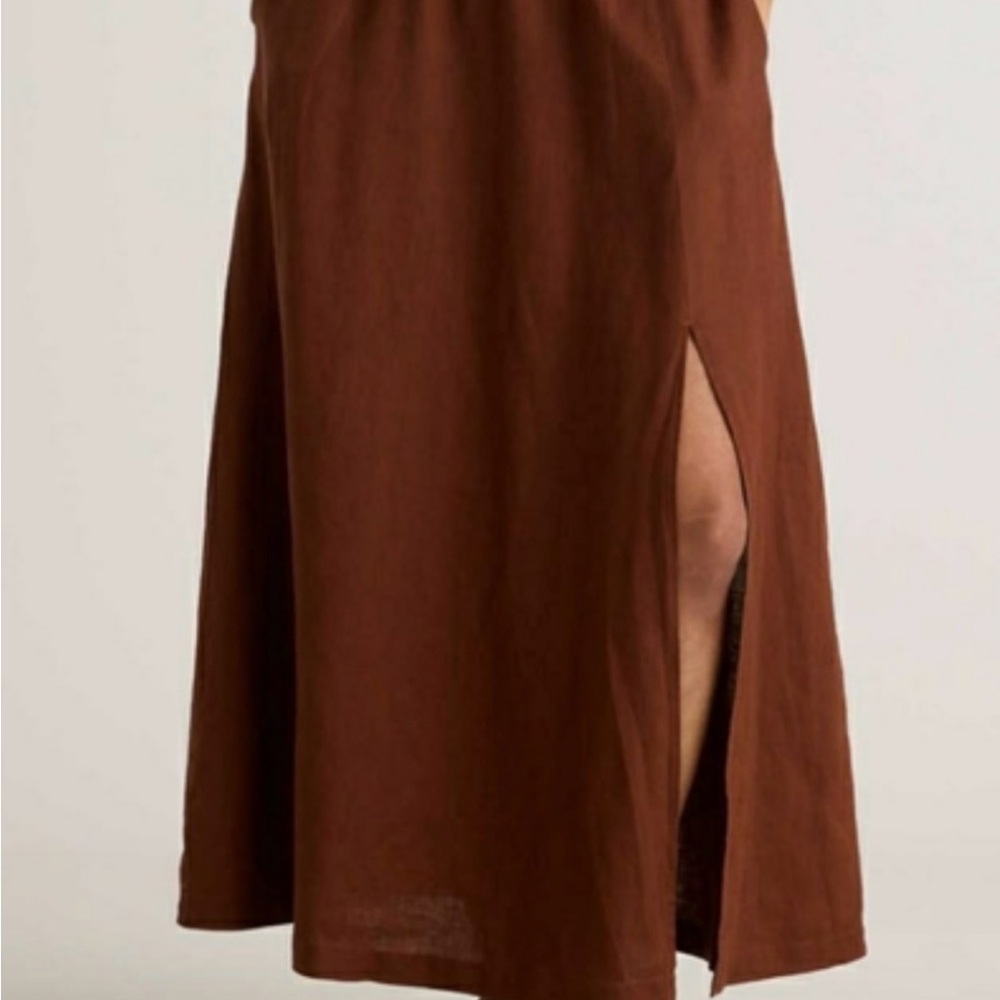 Quince Chocolate Brown Linen Maxi Skirt, pockets/side slit Medium